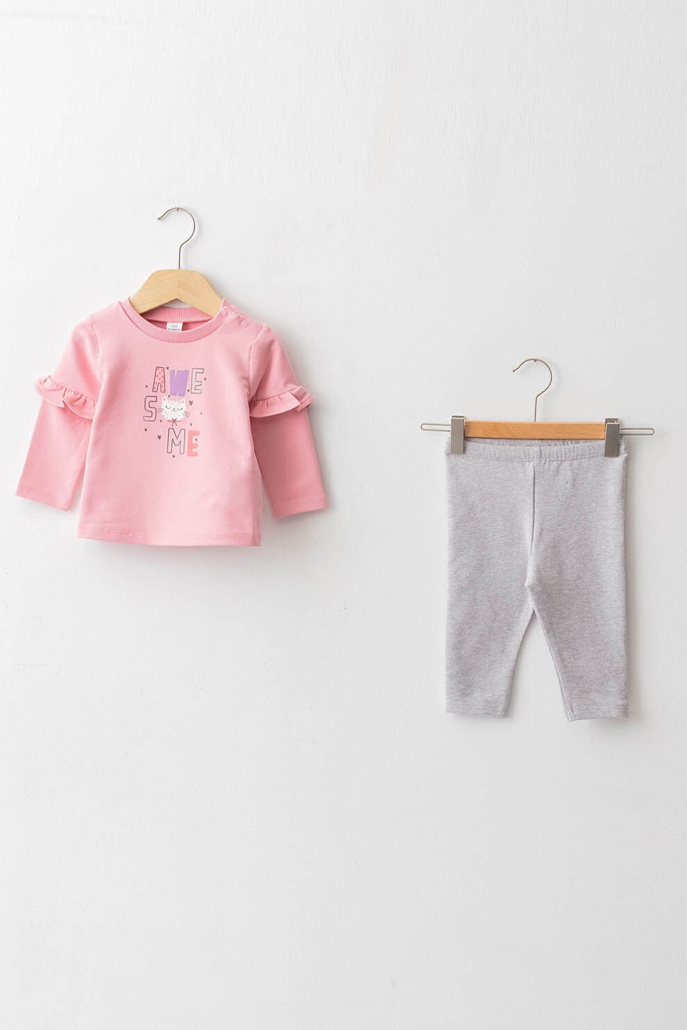 LC WAIKIKI, Set de bluza si colanti - 2 piese, roz pal, gri deschis