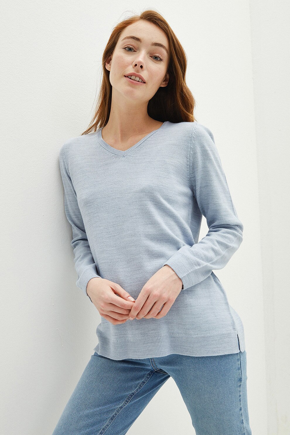 LC WAIKIKI, Pulover tricotat fin cu decolteu in V, Albastru deschis, XL