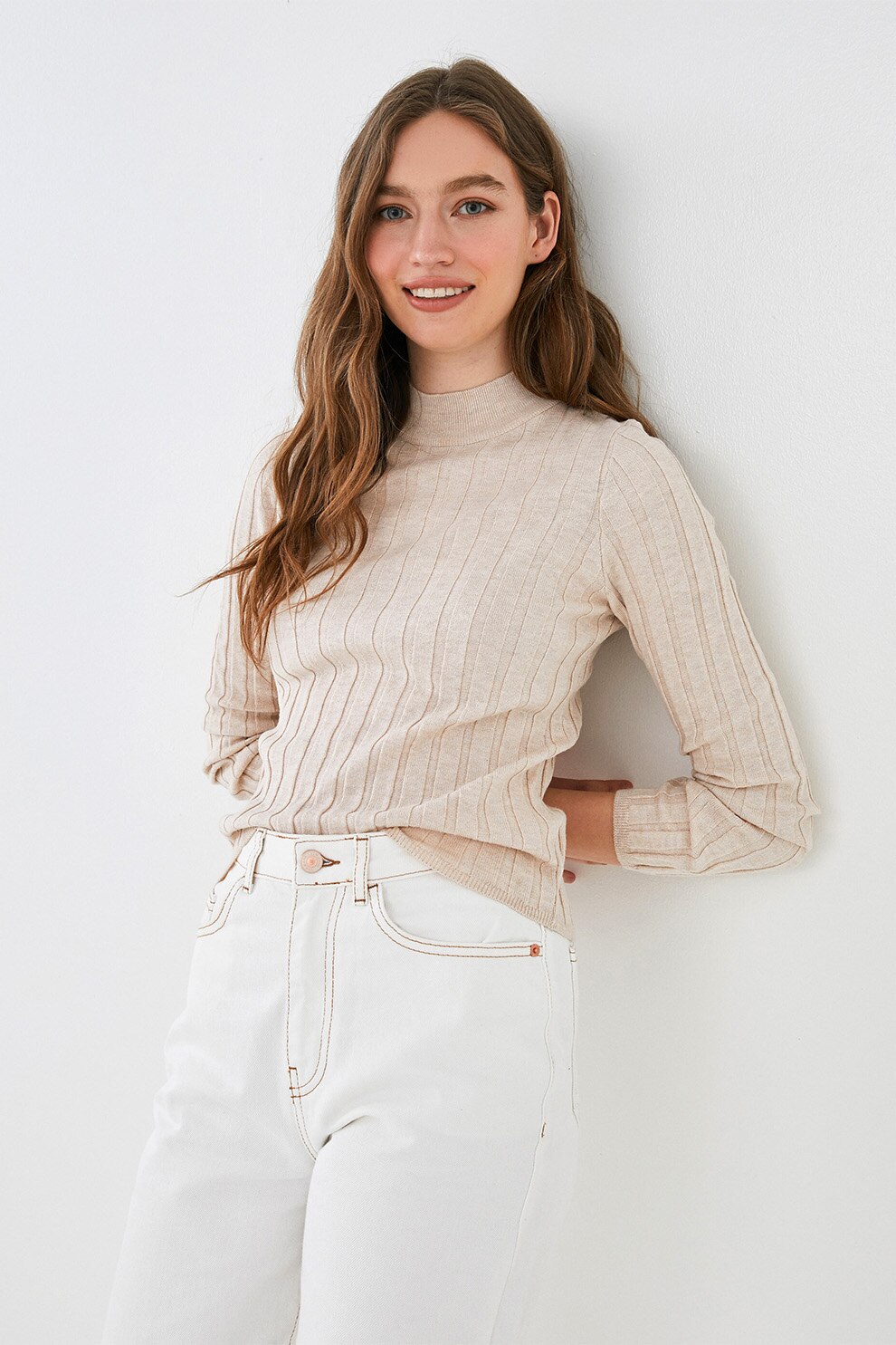 LC WAIKIKI, Pulover tricotat fin cu guler scurt, Taupe, 2XL