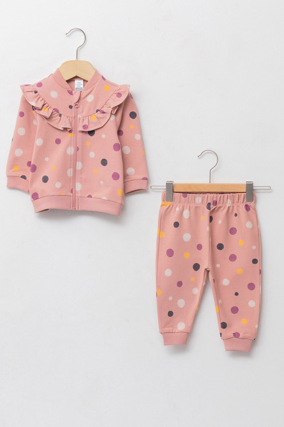 LC WAIKIKI, Set de bluza sport cu fermoar si pantaloni sport cu buline, roz prafuit