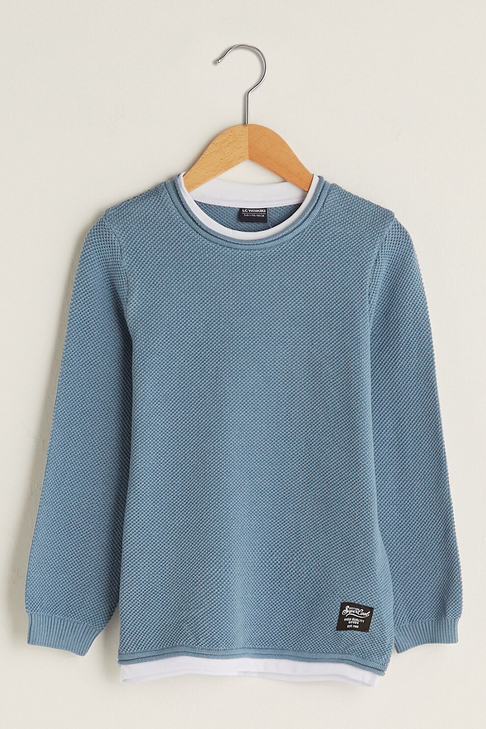 LC WAIKIKI, Pulover cu decolteu rotund si aspect 2-in-1, Albastru prafuit