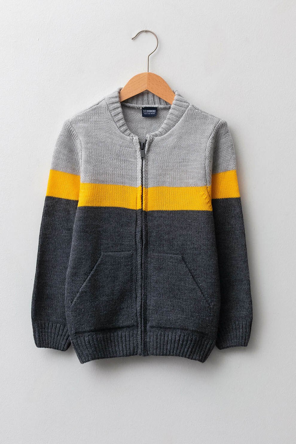 LC WAIKIKI, Cardigna cu fermoar si model colorblock, Gri/Galben sofran, 104-110 CM