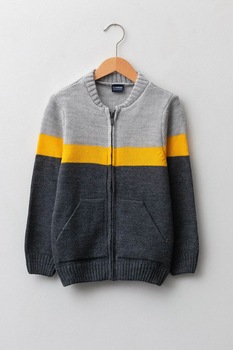 LC WAIKIKI, Cardigna cu fermoar si model colorblock, Gri/Galben sofran, 104-110 CM LC WAIKIKI, Cardigna cu fermoar si model colorblock, Gri/Galben sofran, 104-110 CM