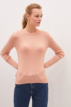 LC WAIKIKI, Pulover cu decolteu la baza gatului si model torsade, Roz somon LC WAIKIKI, Pulover cu decolteu la baza gatului si model torsade, Roz somon