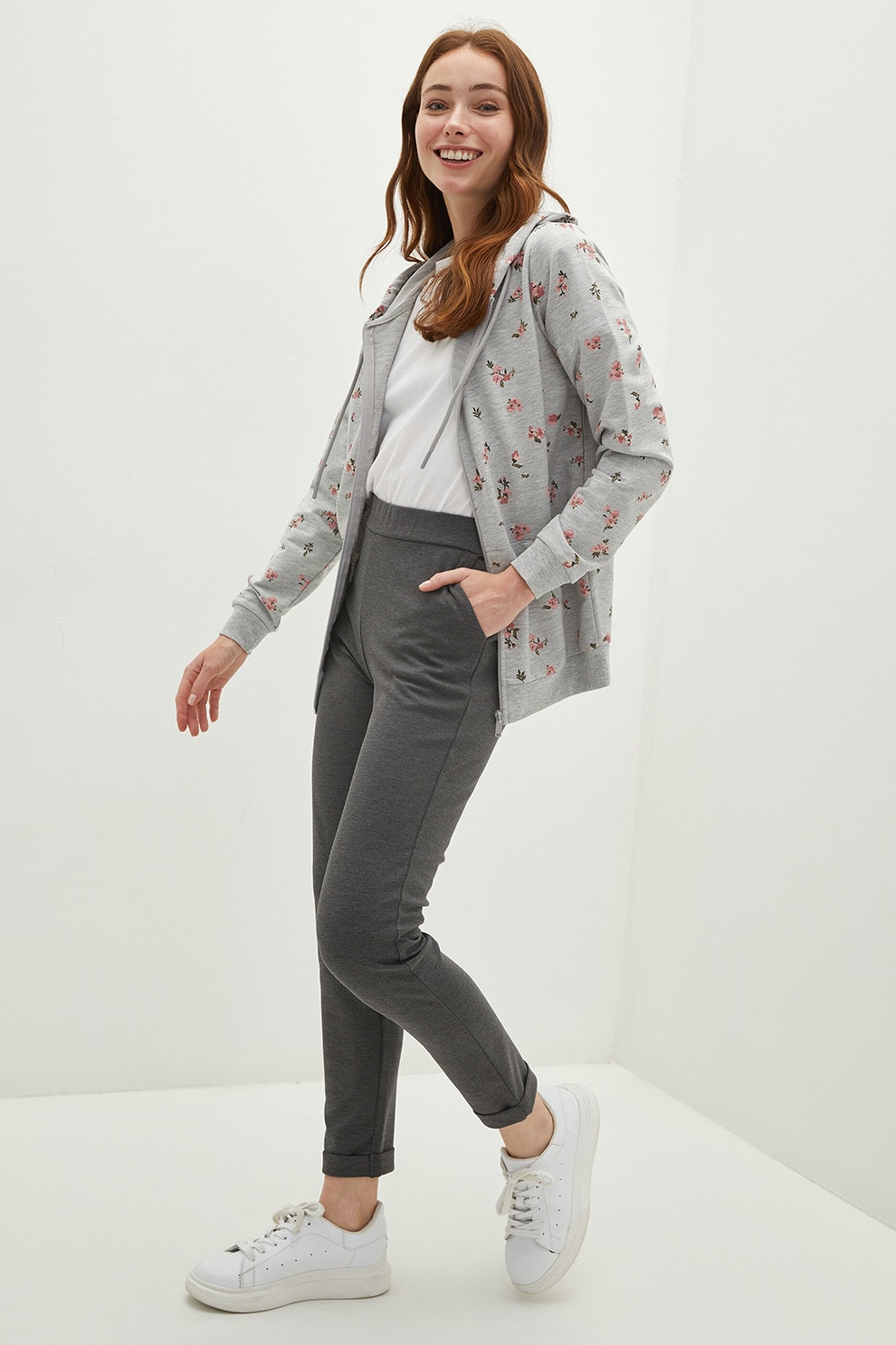 LC WAIKIKI, Hanorac cu fermoar si imprimeu floral, Gri/Roz