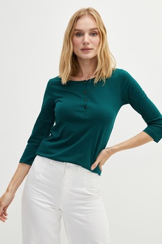 LC WAIKIKI, Bluza de bumbac cu maneci 3/4, Verde inchis, S LC WAIKIKI, Bluza de bumbac cu maneci 3/4, Verde inchis, S