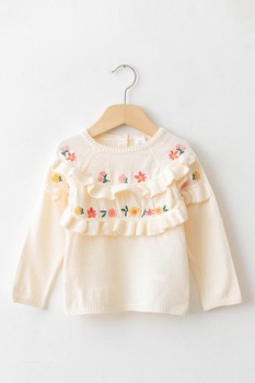 LC WAIKIKI, Pulover cu volane si broderii florale LC WAIKIKI, Pulover cu volane si broderii florale