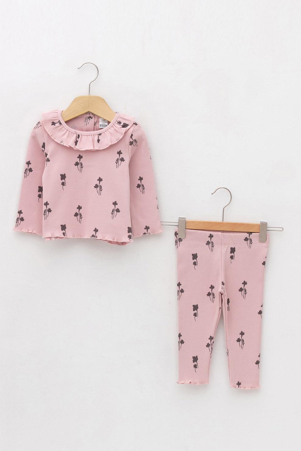 LC WAIKIKI, Set de bluza cu imprimeu cu guler cu volane si colanti, 2 piese, Roz pastel/Negru