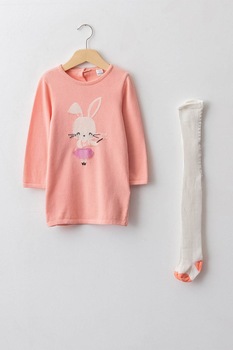 LC WAIKIKI, Set de rochie-pulover si dres cu iepuras, Oranj/Alb LC WAIKIKI, Set de rochie-pulover si dres cu iepuras, Oranj/Alb