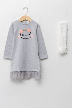 LC WAIKIKI, Rochie-pulover cu dres si detaliu din tul, Gri melange/ Alb LC WAIKIKI, Rochie-pulover cu dres si detaliu din tul, Gri melange/ Alb