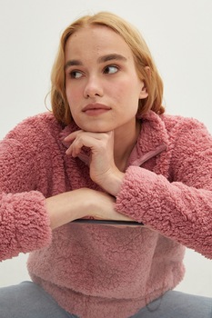 LC WAIKIKI, Bluza sport din material teddy cu maneci cazute, Roz prafuit LC WAIKIKI, Bluza sport din material teddy cu maneci cazute, Roz prafuit