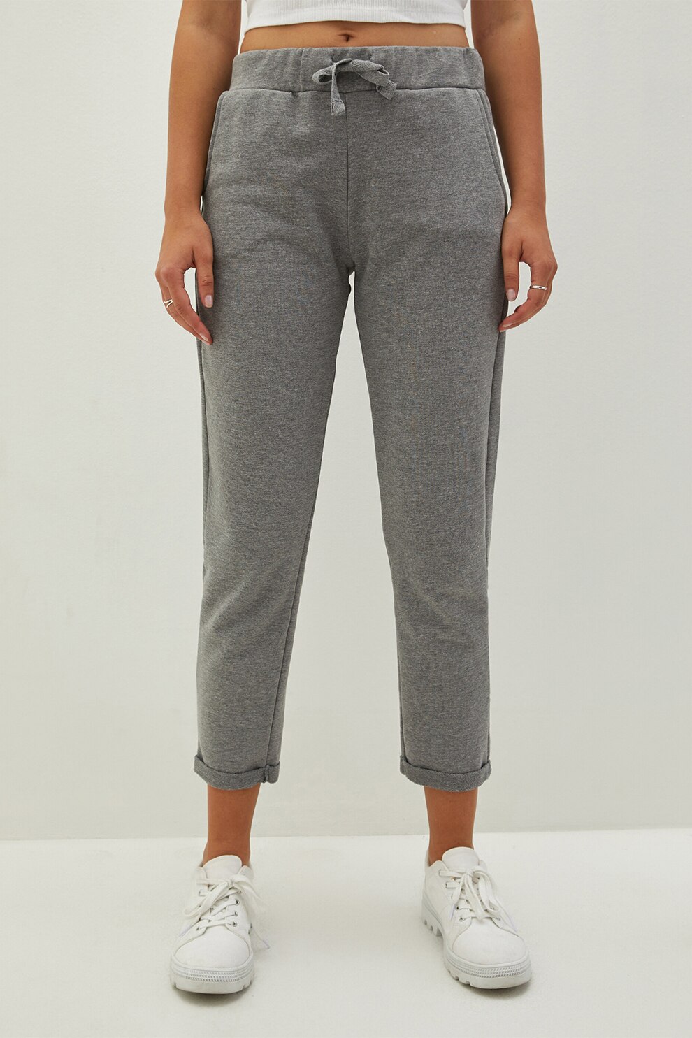 LC WAIKIKI, Pantaloni sport drepti cu talie inalta, Gri melange
