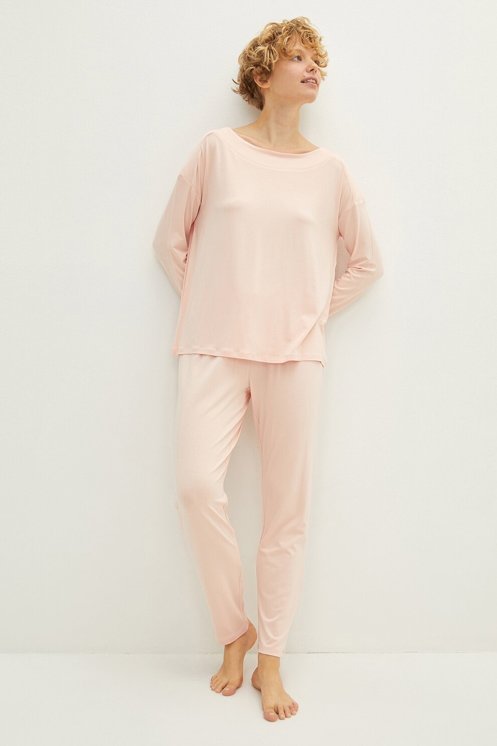 LC WAIKIKI, Pijama de jerseu cu decolteu barcuta, Piersica