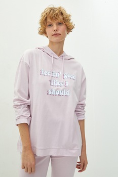 LC WAIKIKI, Pijama cu imprimeu text si gluga, Lila LC WAIKIKI, Pijama cu imprimeu text si gluga, Lila