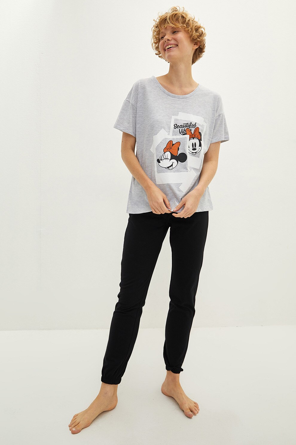 LC WAIKIKI, Pijama de jerseu cu imprimeu Minnie Mouse, Gri melange/Negru, XS