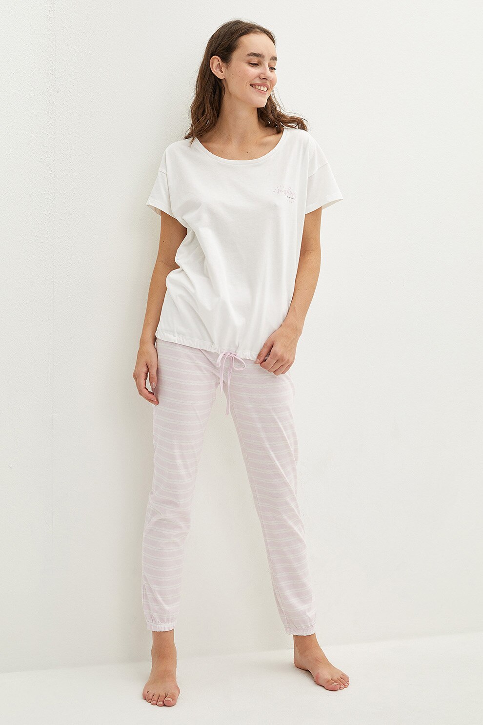 LC WAIKIKI, Tricou de bumbac si pantaloni de pijama\, Alb/Roz pal