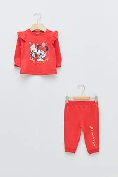 LC WAIKIKI, Set de imbracaminte din amestec de bumbac cu imprimeu cu desene - 2 piese, Corai LC WAIKIKI, Set de imbracaminte din amestec de bumbac cu imprimeu cu desene - 2 piese, Corai