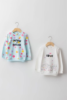 LC WAIKIKI, Set de bluze sport de bumbac cu imprimeu grafic - 2 piese, Alb/Bleu LC WAIKIKI, Set de bluze sport de bumbac cu imprimeu grafic - 2 piese, Alb/Bleu