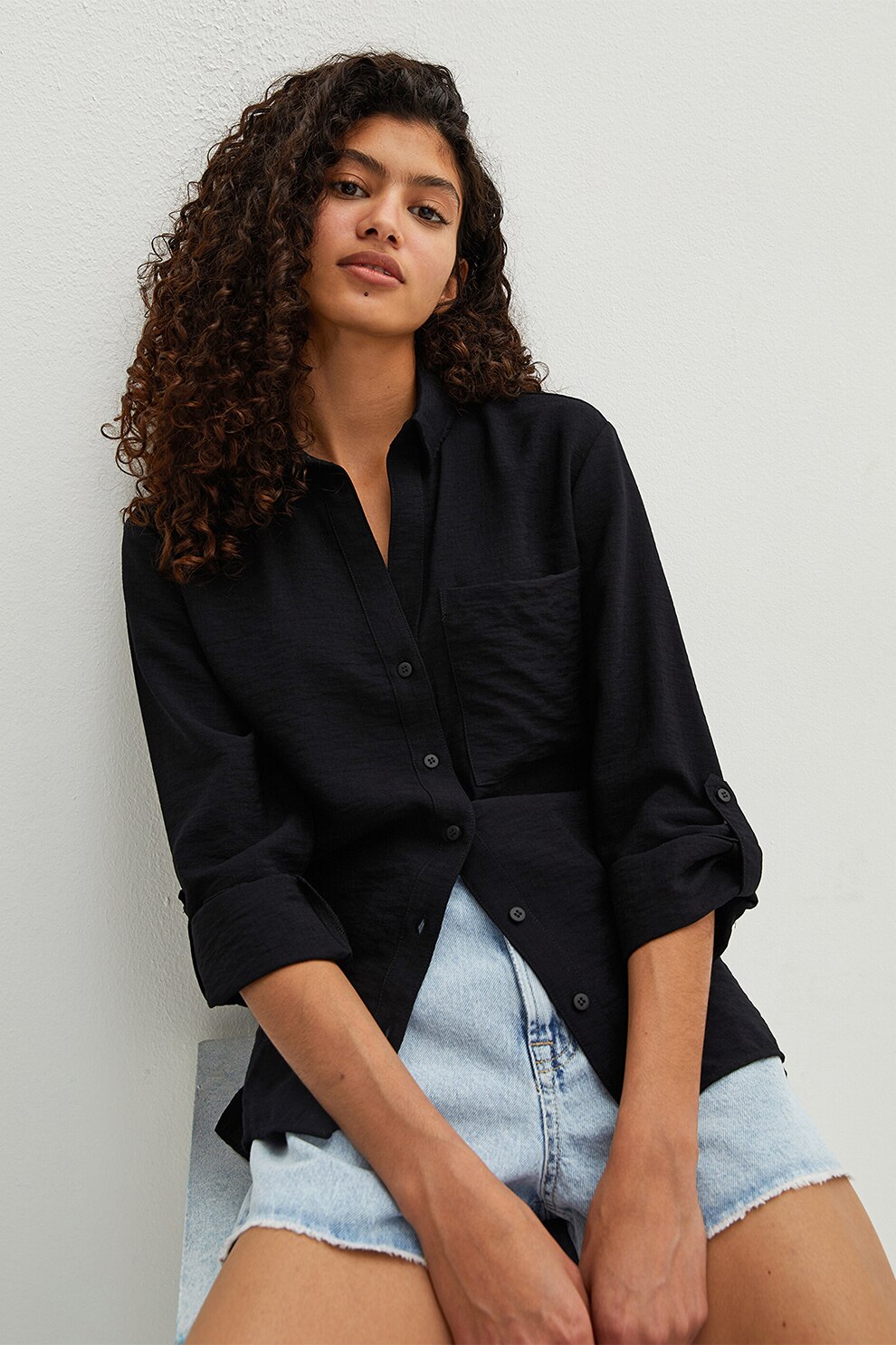 LC WAIKIKI, Camasa cu buzunar pe piept, Negru, S