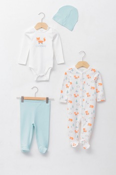 LC WAIKIKI, Set de pantaloni cu botosei, body, salopeta cu botosei si caciula din bumbac - 4 piese, Alb/Albastru LC WAIKIKI, Set de pantaloni cu botosei, body, salopeta cu botosei si caciula din bumbac - 4 piese, Alb/Albastru