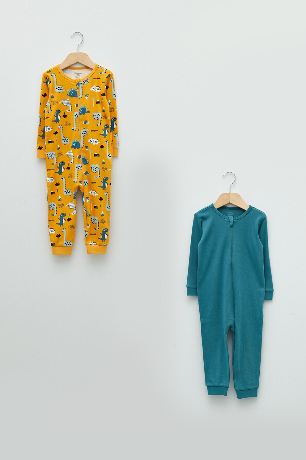 LC WAIKIKI, Set de salopete lungi de bumbac cu imprimeu - 2 piese, Ocru/Albastru petrol