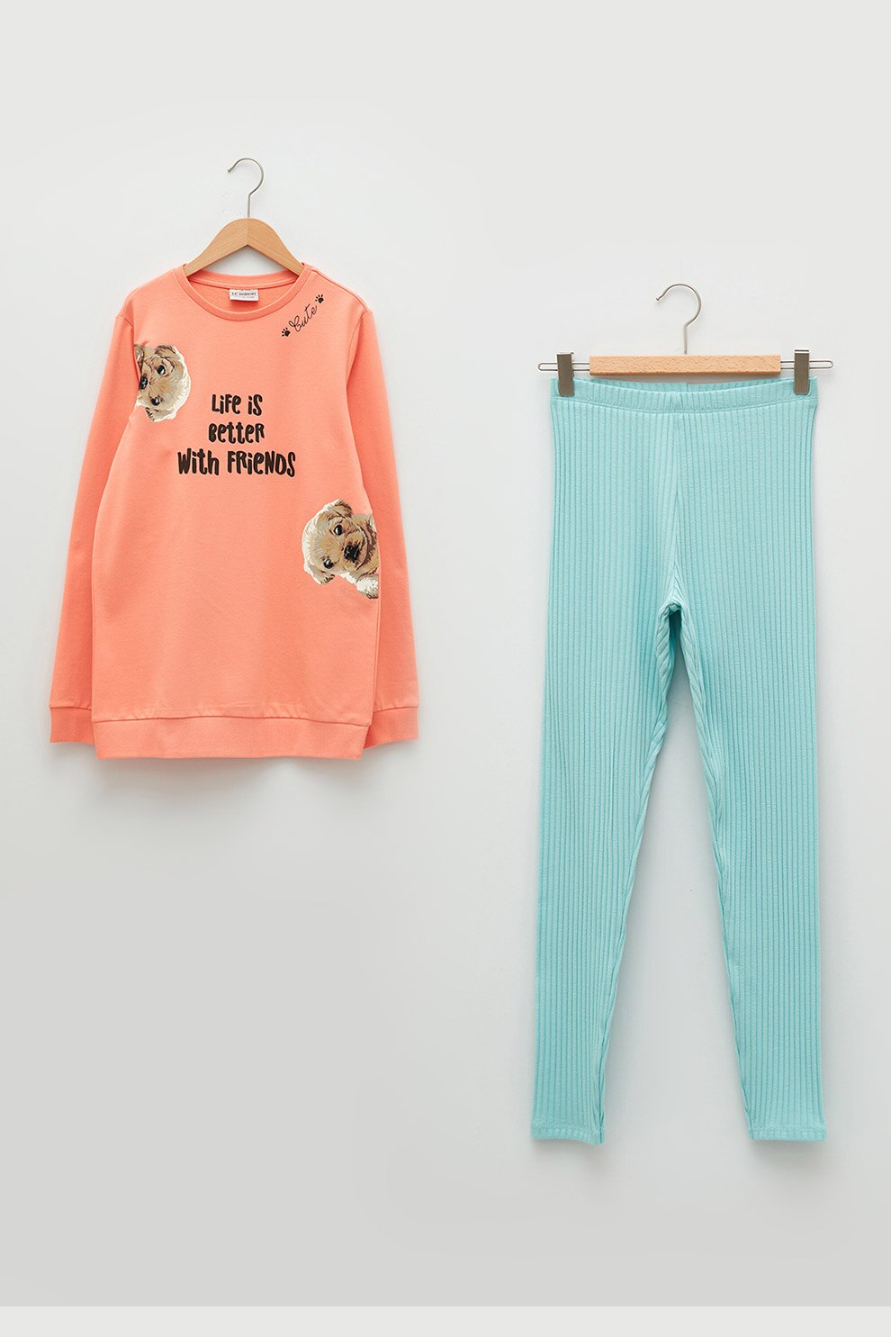 LC WAIKIKI, Set de bluza si colanti cu striatii, Roz somon/Turcoaz