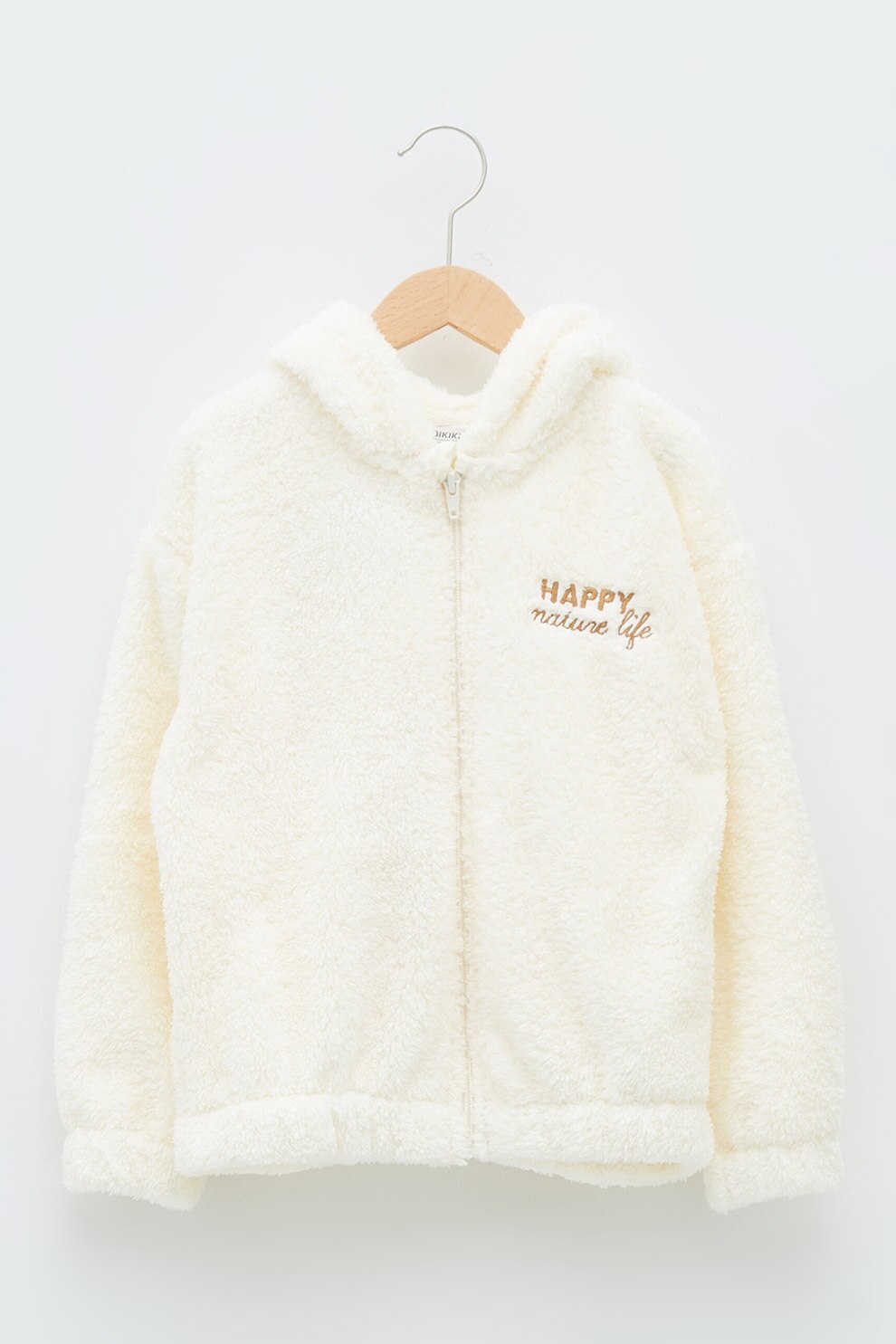 LC WAIKIKI, Hanorac cu fermoar si text, din material teddy, 116-122 CM, Alb prafuit