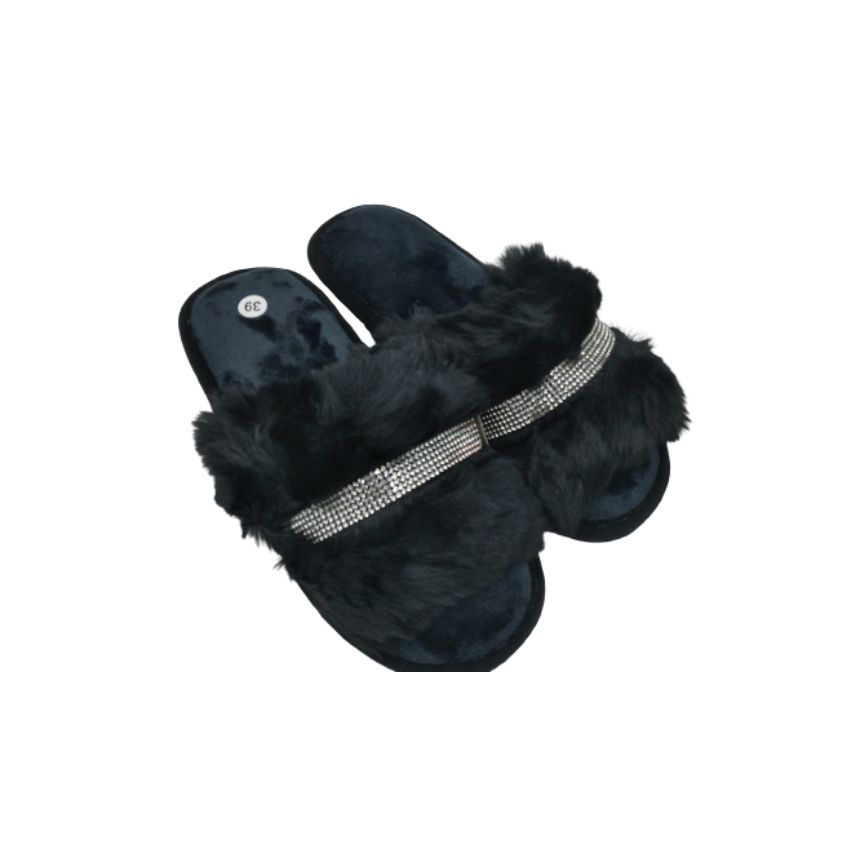 Papuci casa femei cu strasuri, Negru, 39