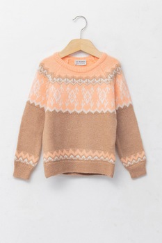 LC WAIKIKI, Pulover cu decolteu la baza gatului si model Fair Isle, Bej/Roz somon, 122-128 CM LC WAIKIKI, Pulover cu decolteu la baza gatului si model Fair Isle, Bej/Roz somon, 122-128 CM