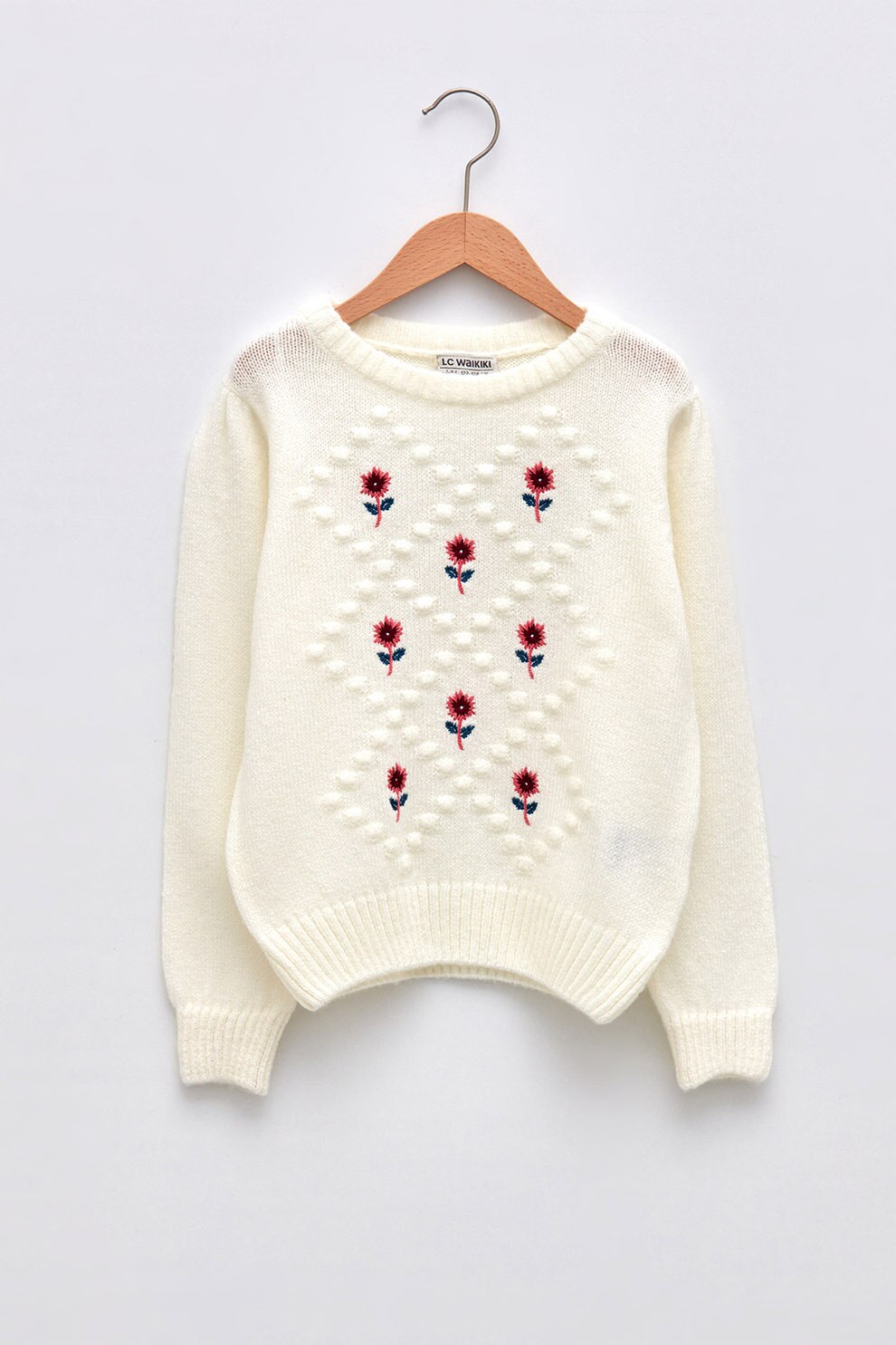 LC WAIKIKI, Pulover cu decolteu la baza gatului si broderie florala, Crem/Rosu