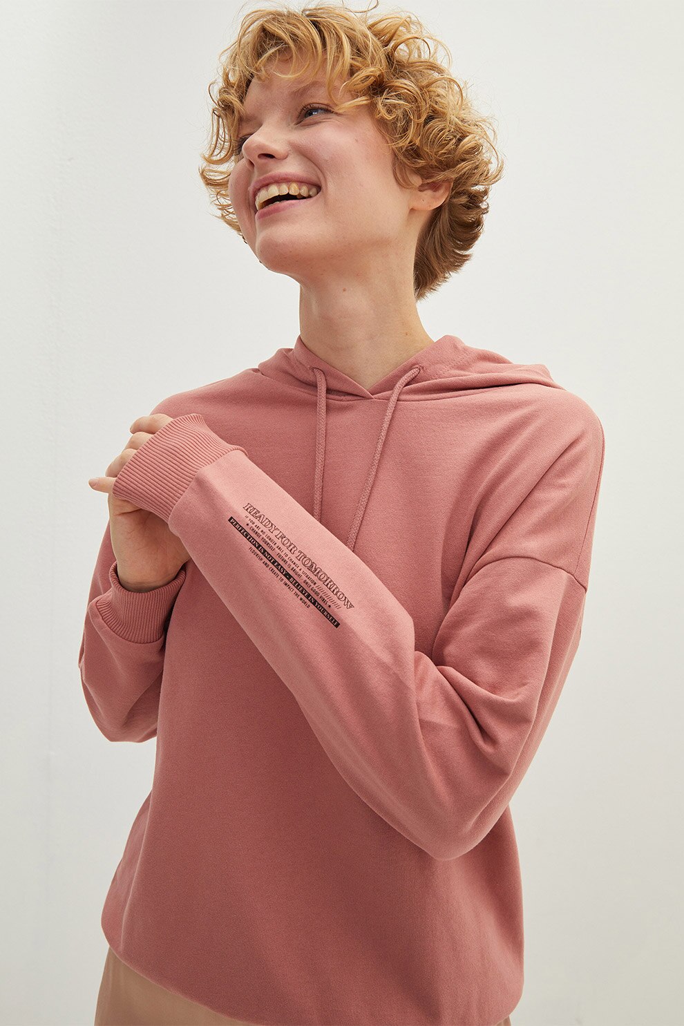 LC WAIKIKI, Hanorac din amestec de bumbac cu maneci cazute, roz prafuit