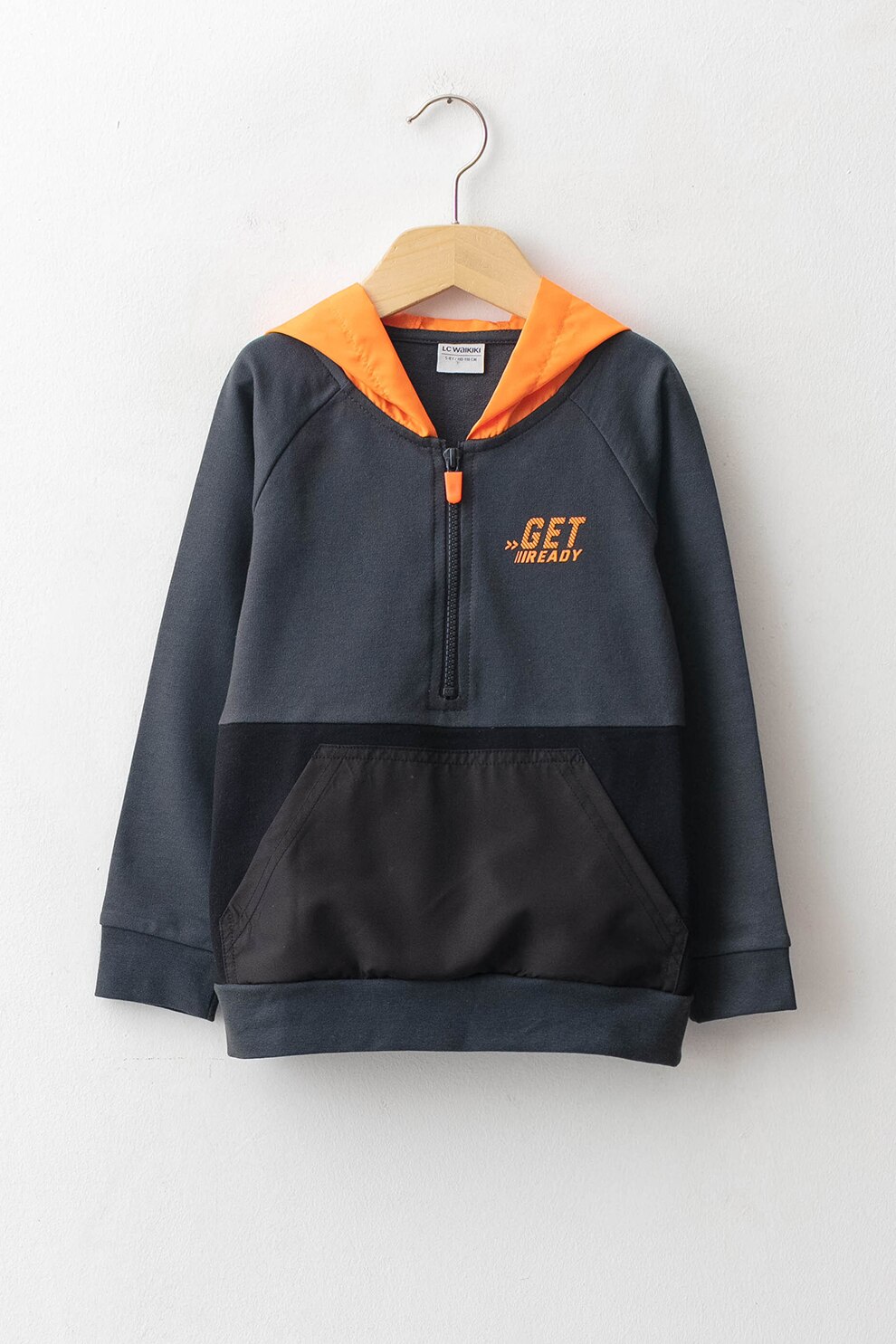 LC WAIKIKI, Hanorac cu fermoar si buzunar kangaroo, gri carbune, oranj pal