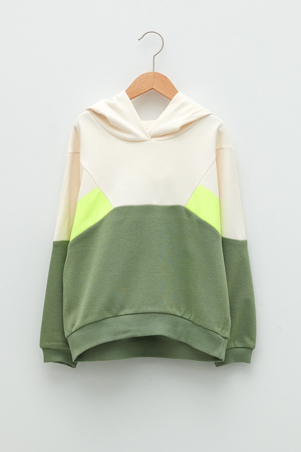 LC WAIKIKI, Hanorac cu model colorblock si maneci cazute, Verde/Crem