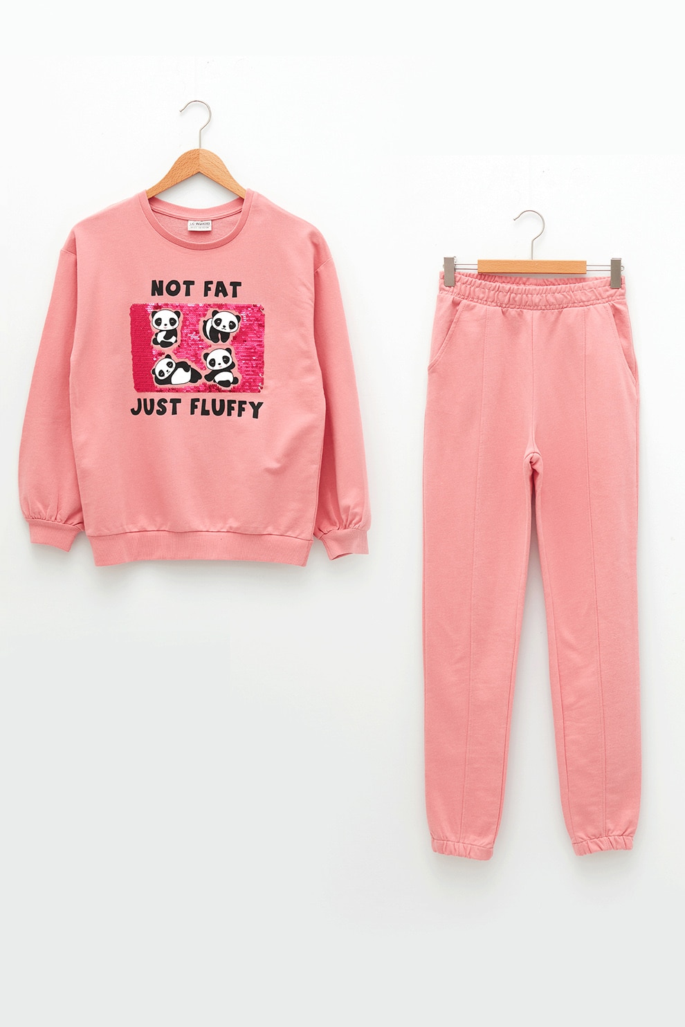 LC WAIKIKI, Set de bluza sport cu decolteu la baza gatului si pantaloni sport - 2 piese, Roz somon