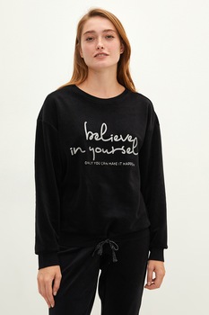 LC WAIKIKI, Pijama cu maneci lungi si imprimeu cu mesaj, Negru/Gri, XL LC WAIKIKI, Pijama cu maneci lungi si imprimeu cu mesaj, Negru/Gri, XL