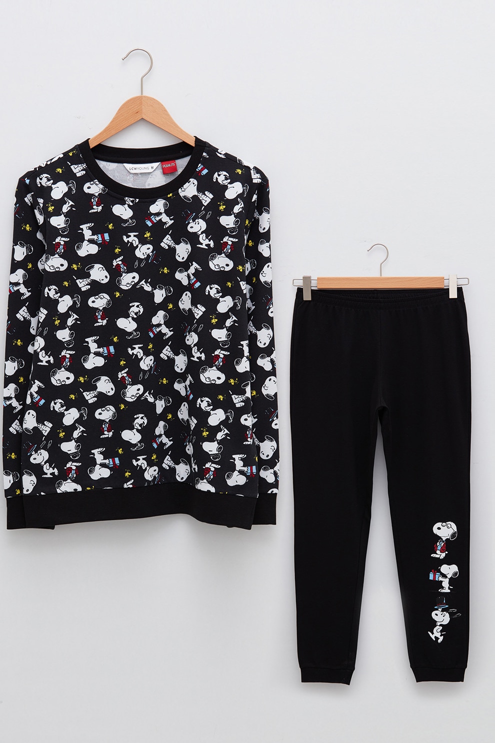 LC WAIKIKI, Pijama de bumbac cu imprimeu cu desene, Negru/Alb/Galben, M