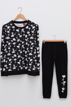 LC WAIKIKI, Pijama de bumbac cu imprimeu cu desene, Negru/Alb/Galben, M LC WAIKIKI, Pijama de bumbac cu imprimeu cu desene, Negru/Alb/Galben, M