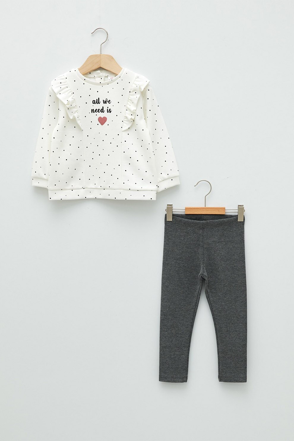 LC WAIKIKI, Set de bluza din amestec de bumbac si colanti, Alb prafuit/Gri melange