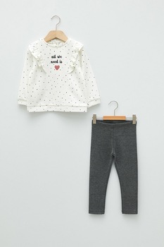 LC WAIKIKI, Set de bluza din amestec de bumbac si colanti, Alb prafuit/Gri melange LC WAIKIKI, Set de bluza din amestec de bumbac si colanti, Alb prafuit/Gri melange