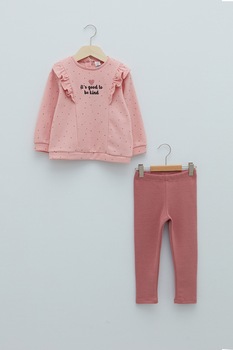 LC WAIKIKI, Set de bluza din amestec de bumbac si colanti, Roz prafuit/Rosu stins LC WAIKIKI, Set de bluza din amestec de bumbac si colanti, Roz prafuit/Rosu stins