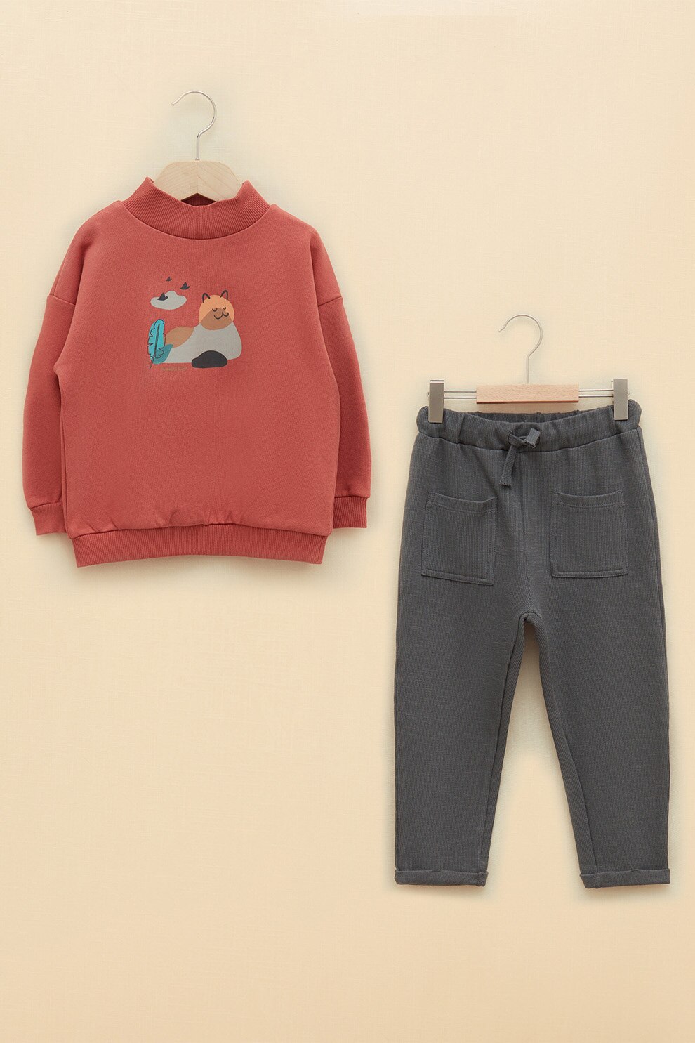 LC WAIKIKI, Set de bluza sport si pantaloni sport din amestec de bumbac, Rosu/ Gri