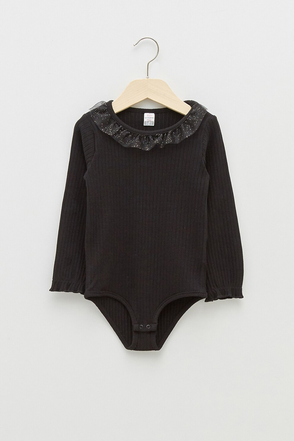 LC WAIKIKI, Body cu striatii, maneci lungi si volane, Negru/Alb