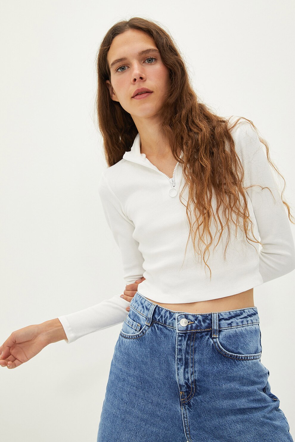 LC WAIKIKI, Bluza crop cu aspect striat, Alb