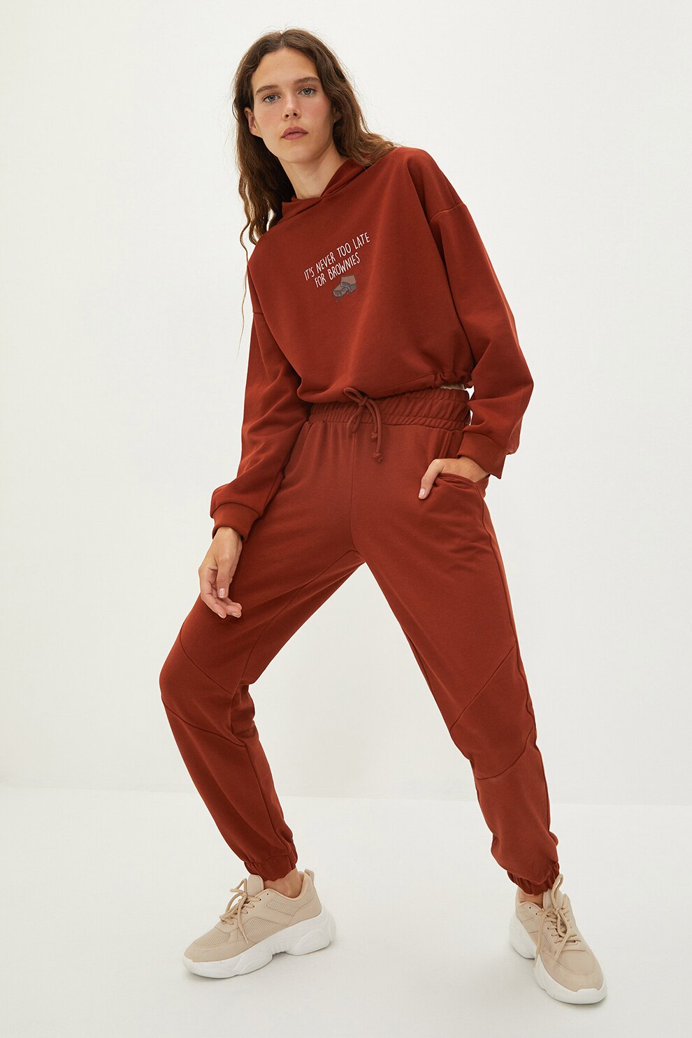 LC WAIKIKI, Pantaloni sport cu talie inalta si snur, Rosu caramiziu