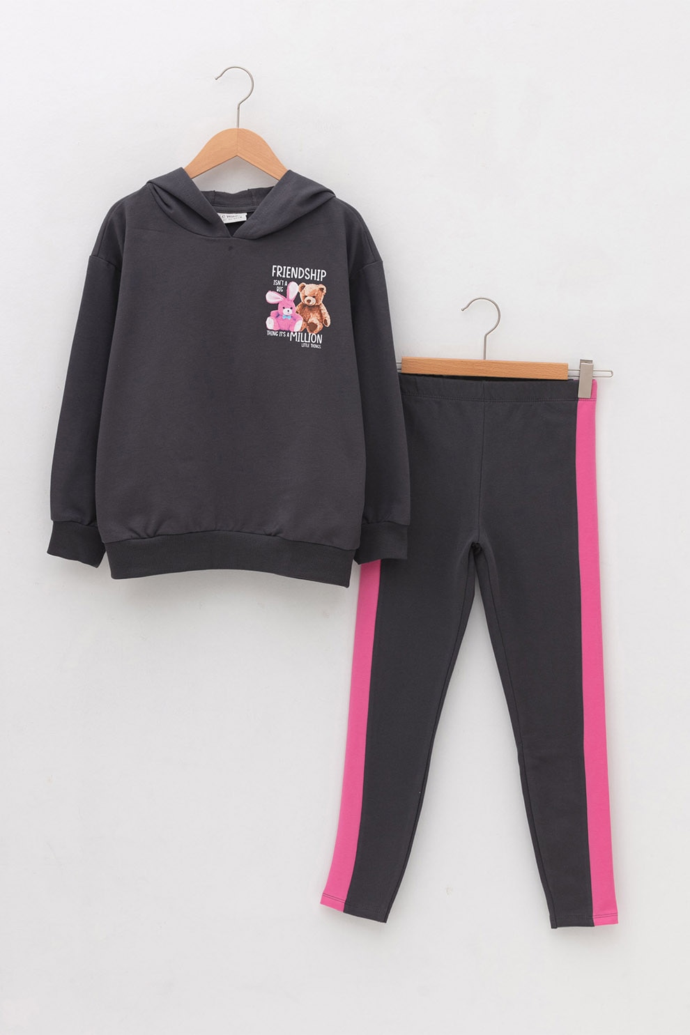 LC WAIKIKI, Set de hanorac cu maneci cazute si colanti - 2 piese, Gri inchis/Roz