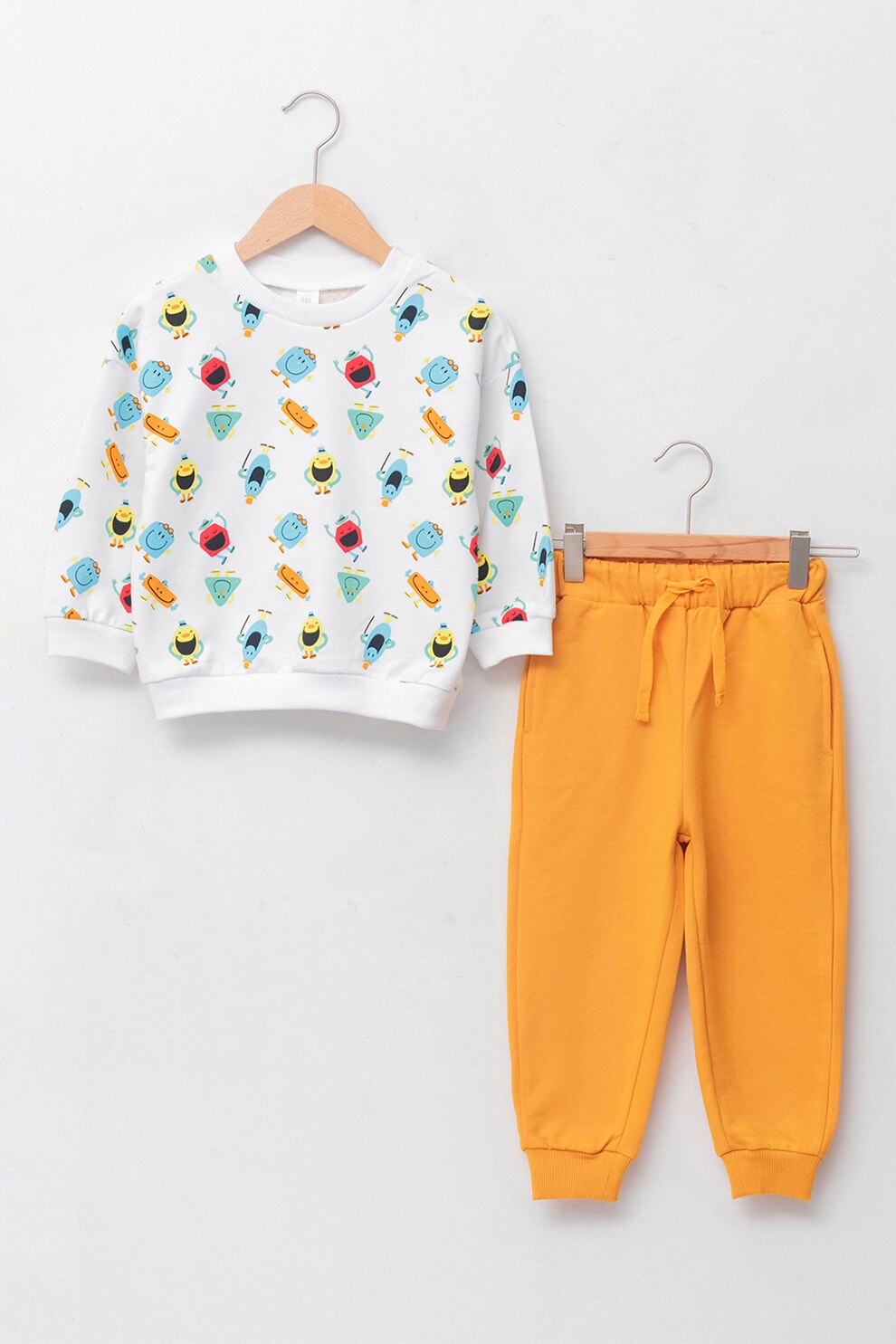 LC WAIKIKI, Set de pantaloni si bluza de bumbac, Alb/Ocru/Albastru