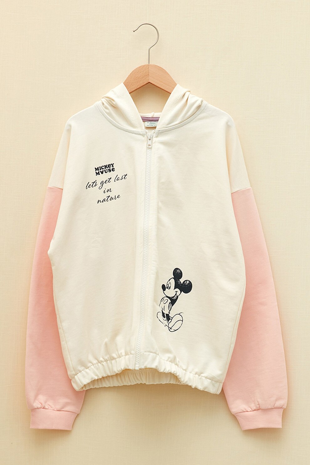LC WAIKIKI, Hanorac cu fermoar si imprimeu Mickey Mouse, Alb prafuit/Roz pal