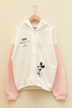 LC WAIKIKI, Hanorac cu fermoar si imprimeu Mickey Mouse, Alb prafuit/Roz pal LC WAIKIKI, Hanorac cu fermoar si imprimeu Mickey Mouse, Alb prafuit/Roz pal