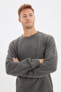 Trendyol, Pulover din tricot cu decolteu la baza gatului, Gri Trendyol, Pulover din tricot cu decolteu la baza gatului, Gri