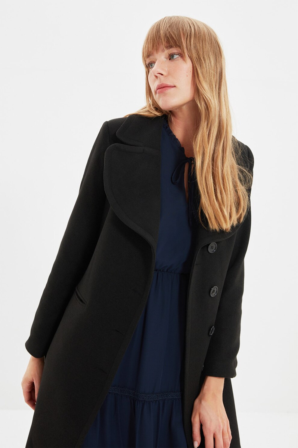 Trendyol, Palton cu o curea in talie, Negru